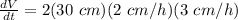 \frac{dV}{dt} = 2(30 \ cm)(2 \ cm/h)(3 \ cm/h)