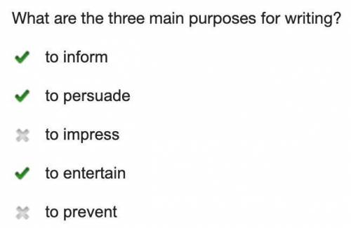 What are the three main purposes for writing?

to inform
to persuade
to impress
to entertain
to prev