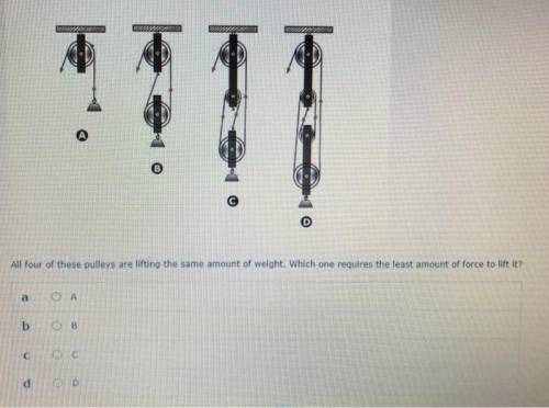 All four of these pulleys are lifting the same amount of weight. Which one requires the least amount