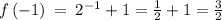 f\left(-1\right)\:=\:2^{-1}+1=\frac{1}{2}+1=\frac{3}{2}