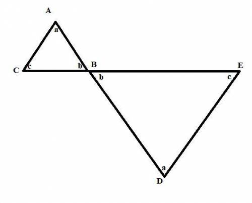 Triangle ABC is rotated 180 degrees around point B and then dilated to form triangle DBE as shown. W