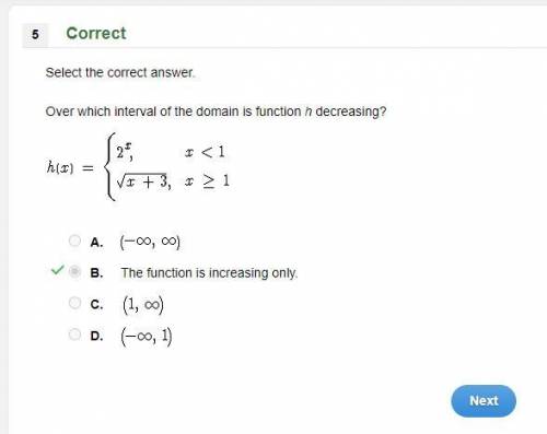Over which interval of the domain is function h decreasing? A. B. C. The function is increasing only