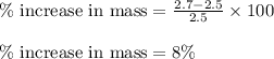 \%\text{ increase in mass}=\frac{2.7-2.5}{2.5}\times 100\\\\\%\text{ increase in mass}=8\%