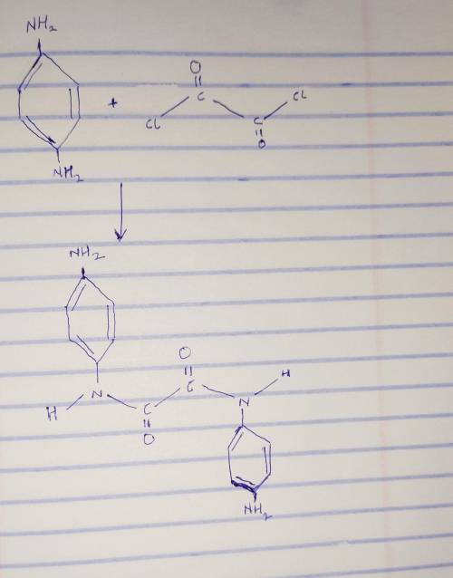 write an equation illustrating the condensation of p-diaminobenzene with the acid chloride of oxalic