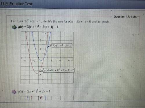 For f(x) = 3x^2 + 2x - 1, identify the rule for g(x) = f(x + 1) - 6 and it's graph.

HELP ASAP!!! BR