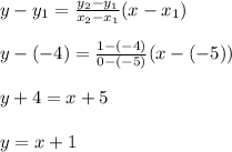 y- y_1=\frac{y_2-y_1}{x_2-x_1}(x-x_1)\\\\y-(-4)=\frac{1-(-4)}{0-(-5)} (x-(-5))\\\\y +4=x+5\\\\y=x+1