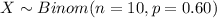 X \sim Binom (n =1 0, p = 0.60)
