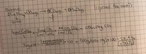 If the combustion of 6 moles of butane produces 300g of carbon dioxide, what is the percent yield of