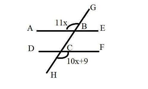 Line AE and line DF are parallel. If m∠ABG = 11x and m∠HCF = 10x + 9, what is m∠ABG?

points B and C