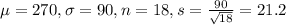 \mu = 270, \sigma = 90, n = 18, s = \frac{90}{\sqrt{18}} = 21.2