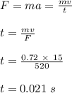 F = ma = \frac{mv}{t} \\\\t = \frac{mv}{F} \\\\t = \frac{0.72 \ \times \ 15}{520} \\\\t = 0.021 \ s \\