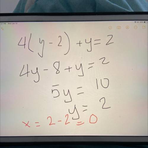 QUICKK

Solve systems by substitution Find the solution
SHOW ALL WORK 
x = y - 2
4x + y = 2
( , )