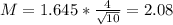 M = 1.645*\frac{4}{\sqrt{10}} = 2.08