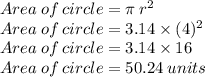Area\: of\: circle=\pi \:r^2\\Area\: of\: circle=3.14\times (4) ^2\\Area\: of\: circle=3.14\times 16\\Area\: of\: circle=50.24 \:units