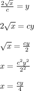 \frac{2\sqrt{x}}{c}=y\\\\2\sqrt{x}=cy\\\\\sqrt{x}=\frac{cy}{2}\\\\x=\frac{c^2y^2}{2^2}\\\\x=\frac{cy}{4}