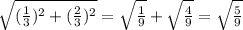 \sqrt{(\frac{1}{3})^2+(\frac{2}{3})^2} = \sqrt{\frac{1}{9}}+\sqrt{\frac{4}{9}} = \sqrt{\frac{5}{9}}