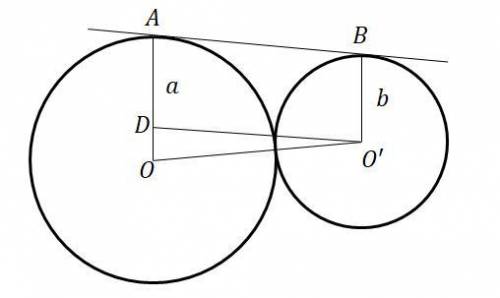 Find the length of the tangent segment AB to the circles centered at O and O' whose radii are a and