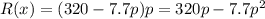 R(x)=(320-7.7p)p=320p-7.7p^2