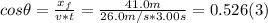 cos \theta = \frac{x_{f} }{v*t} = \frac{41.0m}{26.0m/s*3.00s} = 0.526 (3)