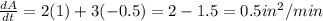 \frac{dA}{dt}=2(1)+3(-0.5)=2-1.5=0.5 in^2/min