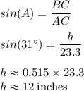 sin(A) = \dfrac{BC}{AC}\\\\&#10;sin(31^\circ) = \dfrac{h}{23.3}\\\\&#10;h \approx 0.515 \times 23.3\\&#10;h \approx 12 \: \rm inches