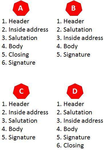 Which list shows the correct order for sections in a business letter?