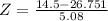 Z = \frac{14.5 - 26.751}{5.08}