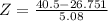 Z = \frac{40.5 - 26.751}{5.08}