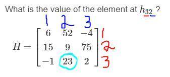 What is the value of the element at h32 ? H=⎡⎣⎢615−152923−4752⎤⎦⎥ 23 9 2 75