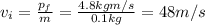 v_i =  \frac{p_f}{m}= \frac{4.8 kg m/s}{0.1 kg}=48 m/s  