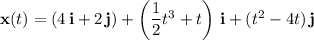 \mathbf x(t)=(4\,\mathbf i+2\,\mathbf j)+\left(\dfrac12 t^3+t\right)\,\mathbf i+(t^2-4t)\,\mathbf j