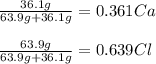 \frac{36.1g}{63.9g+36.1g} = 0.361Ca\\\\\frac{63.9g}{63.9g+36.1g} = 0.639Cl