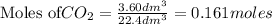 \text{Moles of} CO_2=\frac{3.60dm^3}{22.4dm^3}=0.161moles
