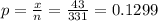 p = \frac{x}{n} = \frac{43}{331} = 0.1299