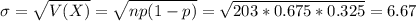 \sigma = \sqrt{V(X)} = \sqrt{np(1-p)} = \sqrt{203*0.675*0.325} = 6.67