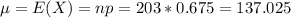 \mu = E(X) = np = 203*0.675 = 137.025