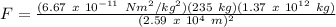 F = \frac{(6.67\ x\ 10^{-11}\ Nm^{2}/kg^{2})(235\ kg)(1.37\ x\ 10^{12}\ kg)}{(2.59\ x\ 10^{4}\ m)^{2}}