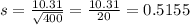 s = \frac{10.31}{\sqrt{400}} = \frac{10.31}{20} = 0.5155