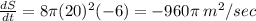  \frac{dS}{dt}=8\pi (20)^2(-6)=-960\pi \: m^2/sec 
