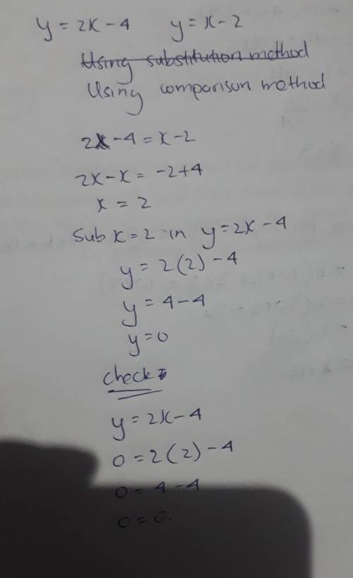 Y = 2x – 4 and y = x – 2

need to solve and show work i have a low grade and its only the second 9 w