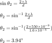 \sin \theta_2 = \frac{2\times \lambda}{d}\\\\\theta_2 = \sin^{-1} \frac{2\times \lambda}{d}\\\\\theta_2 = \sin^{-1}(\frac{2 \times 550 \times 10^{-9}}{1.6 \times 10^{-5}})\\\\\theta_2=3.94^{\circ}\\\\