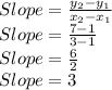 Slope=\frac{y_2-y_1}{x_2-x_1}\\Slope=\frac{7-1}{3-1}\\Slope=\frac{6}{2}\\Slope=3