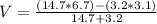 V = \frac{(14.7*6.7) - (3.2*3.1)}{14.7 + 3.2}