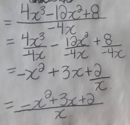 Find the quotient of quantity of 4 times x to the 3rd power minus 12 times x to the 2nd power plus 8