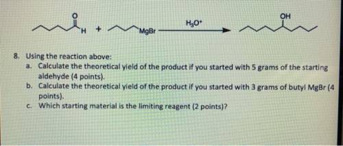 % Yield (10 points): 8. Using the reaction above: a. Calculate the theoretical yield of the product