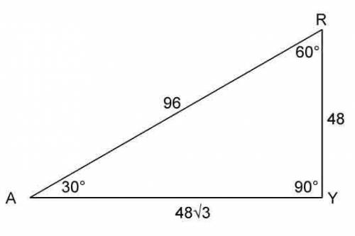 Determine the length of AY if ARAY is a 30°-60°-90° triangle and RY has a length of 48 centimeters.