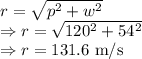 r=\sqrt{p^2+w^2}\\\Rightarrow r=\sqrt{120^2+54^2}\\\Rightarrow r=131.6\ \text{m/s}