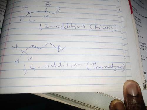 Draw the kinetic and thermodynamic addition products formed when one equivalent of HBr reacts with t