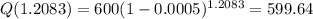 Q(1.2083) = 600(1 - 0.0005)^{1.2083} = 599.64