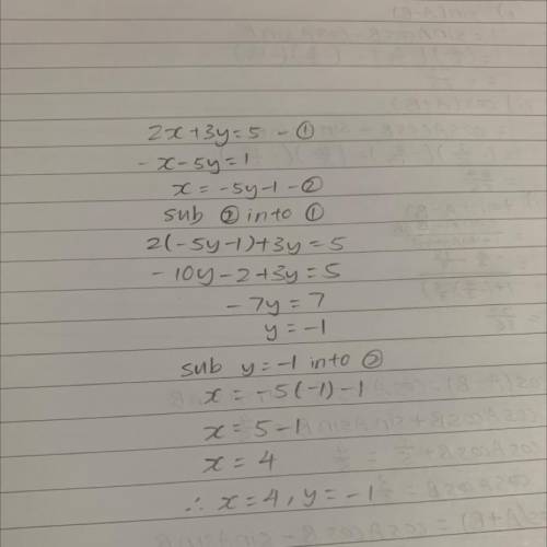 What is the solution to the following system of
equations?
2x + 3y = 5
-X - 5y = 1